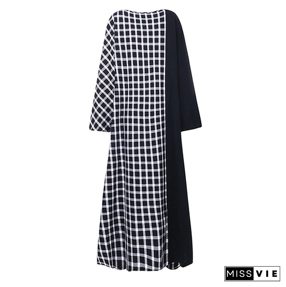 Zanzea Women Plaid Check Round Neck Long Sleeve Kaftan Baggy Patchwork Maxi Dress New Fashion