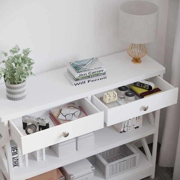 White 3-Tier Console Table with 2 Drawers and 2 Shelves