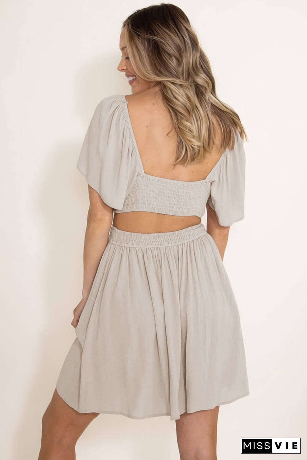 Beige Fake Two-Piece Cutout Ruffle Flowy Dress