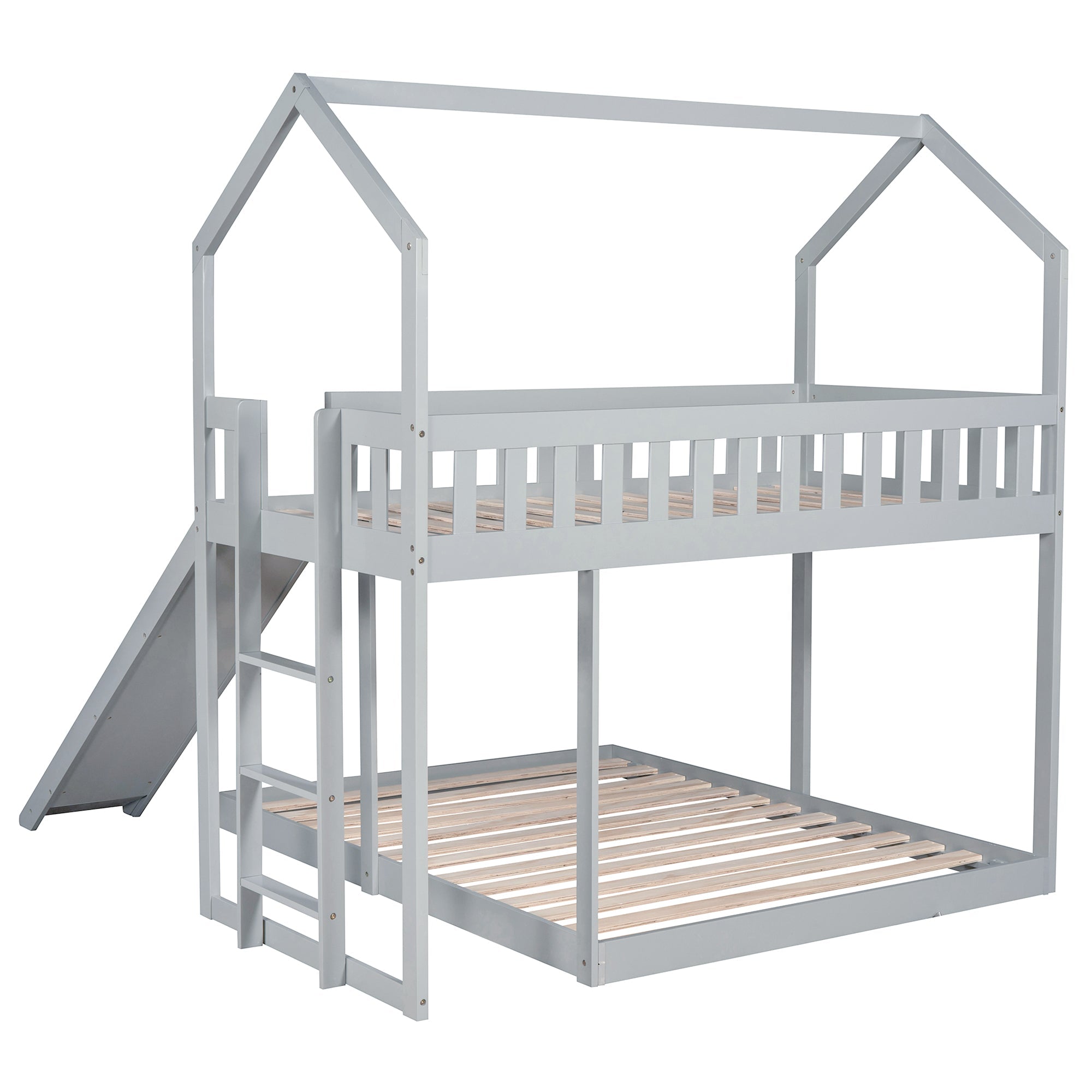 Modern Wood Twin over Full House Bunk Bed for Kids Bedroom, Gray