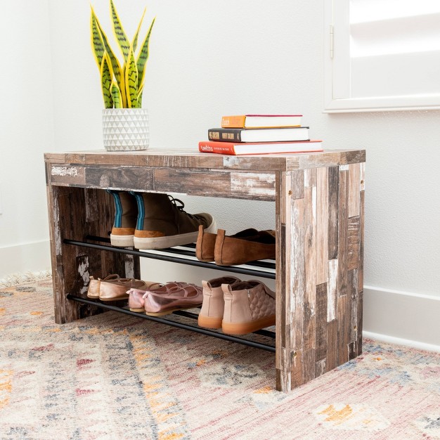 Industrial Shoe Bench With Metal Storage Racks Distressed Wood Danya B