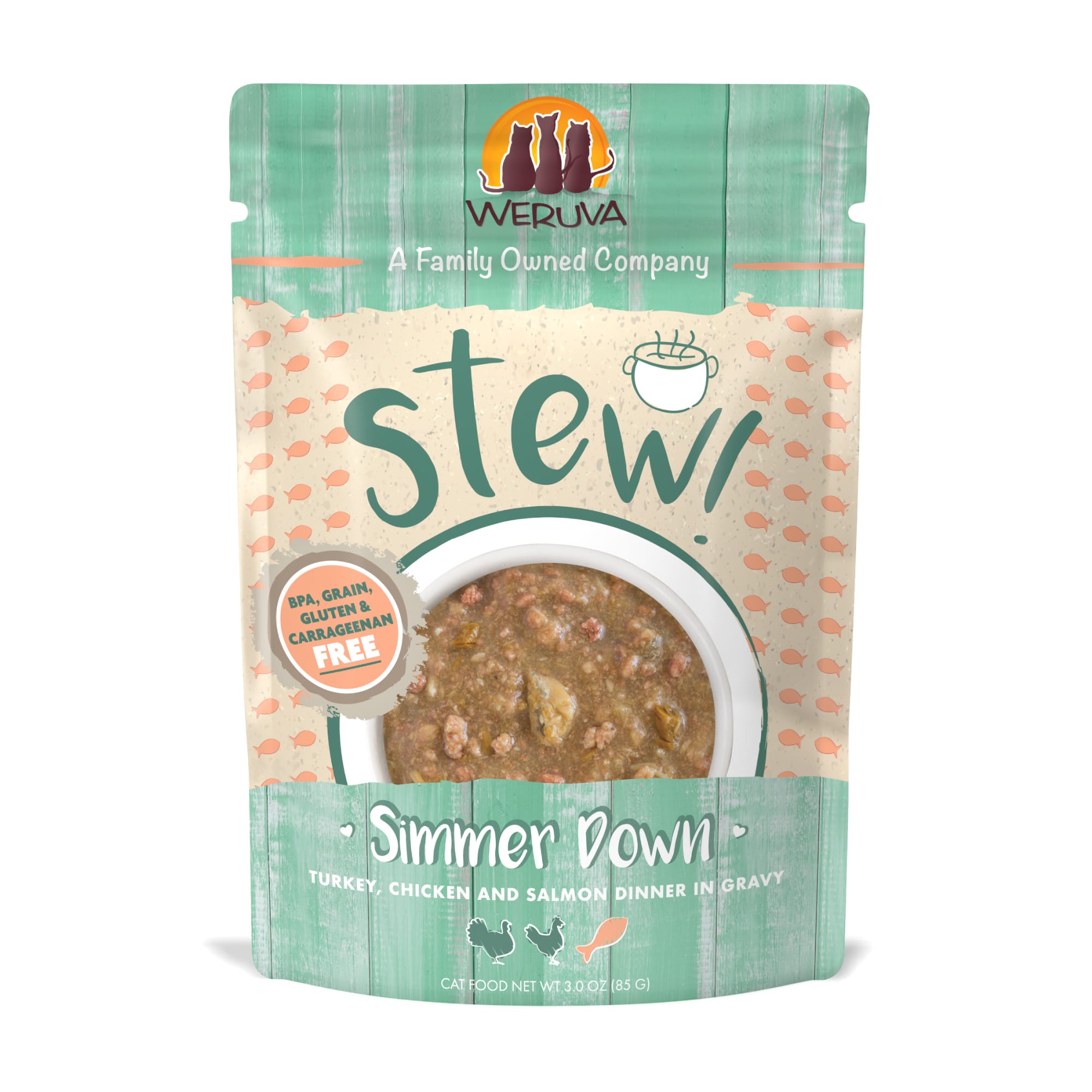 Weruva Stew! Simmer Down Turkey， Chicken and Salmon Dinner Wet Cat Food， 3 oz.， Case of 12