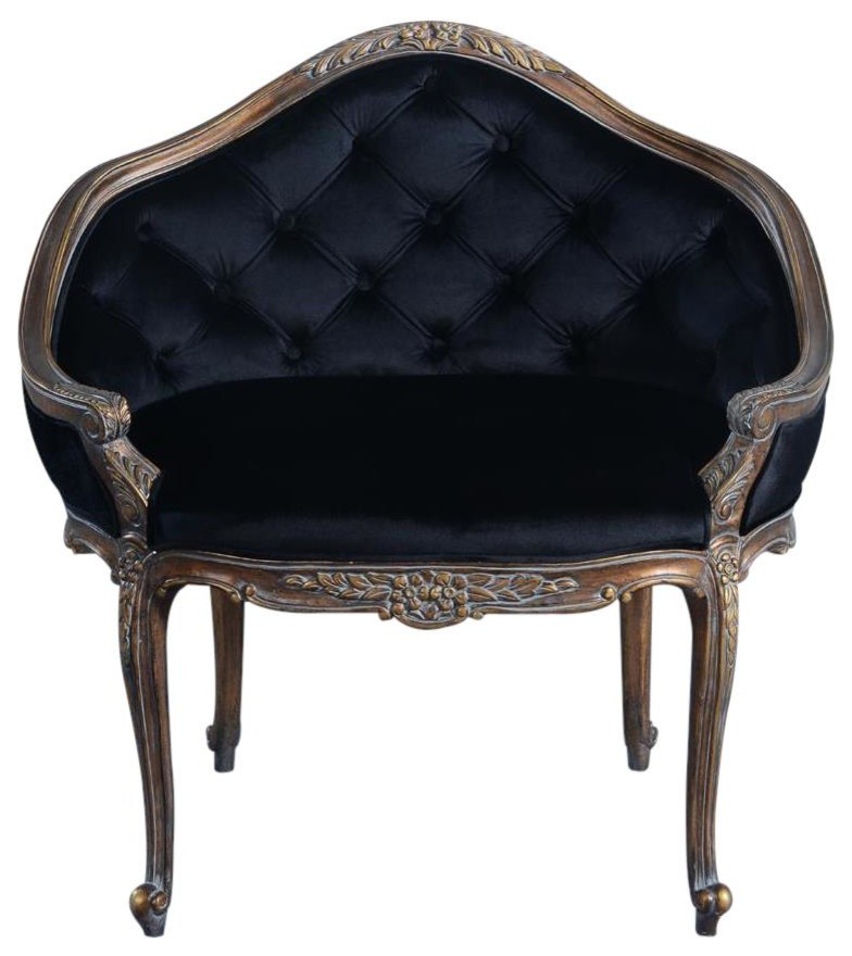 Settee Caroline Hand Carved Wood Antiqued Gold Black Velvet Button   Victorian   Armchairs And Accent Chairs   by EuroLuxHome  Houzz