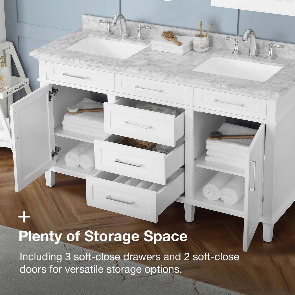 Home Decorators Collection Sonoma 60 in. W x 22 in. D x 34 in H Bath Vanity in White with White Carrara Marble Top 8105300410