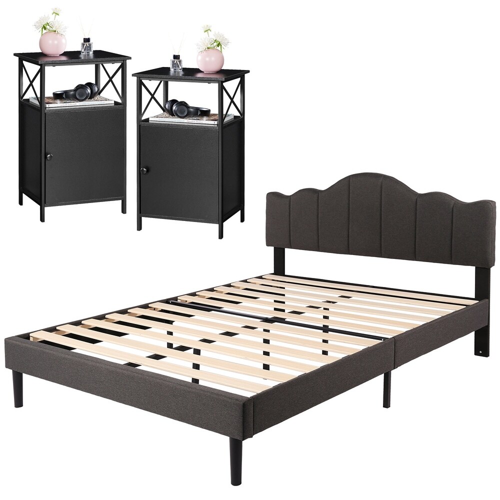 Taomika Modern Bedroom Set of 3 with Height Adjustable Upholstered Bed and Nightstands Set of 2