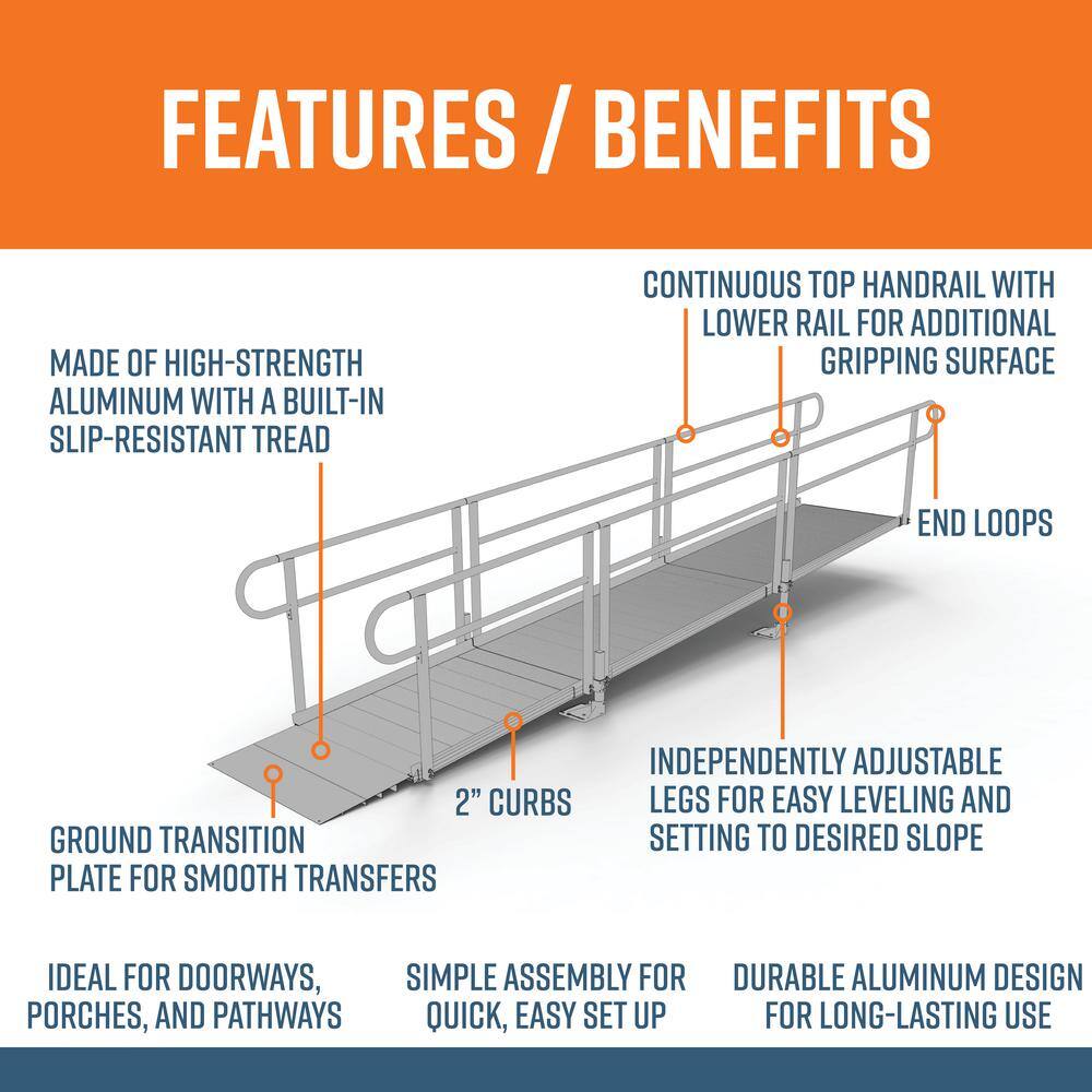 EZ-ACCESS PATHWAY 16 ft. Straight Aluminum Wheelchair Ramp Kit with Solid Surface Tread and 2-Line Handrails PS16S