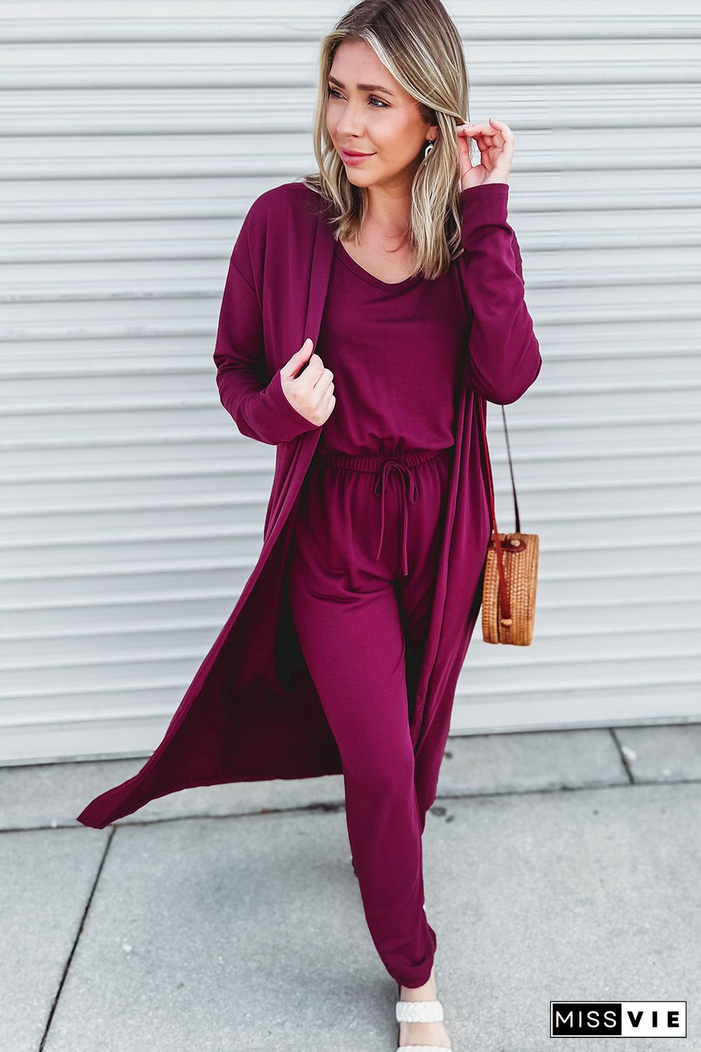 Elastic Drawstring Waist Jumpsuit and Duster Set