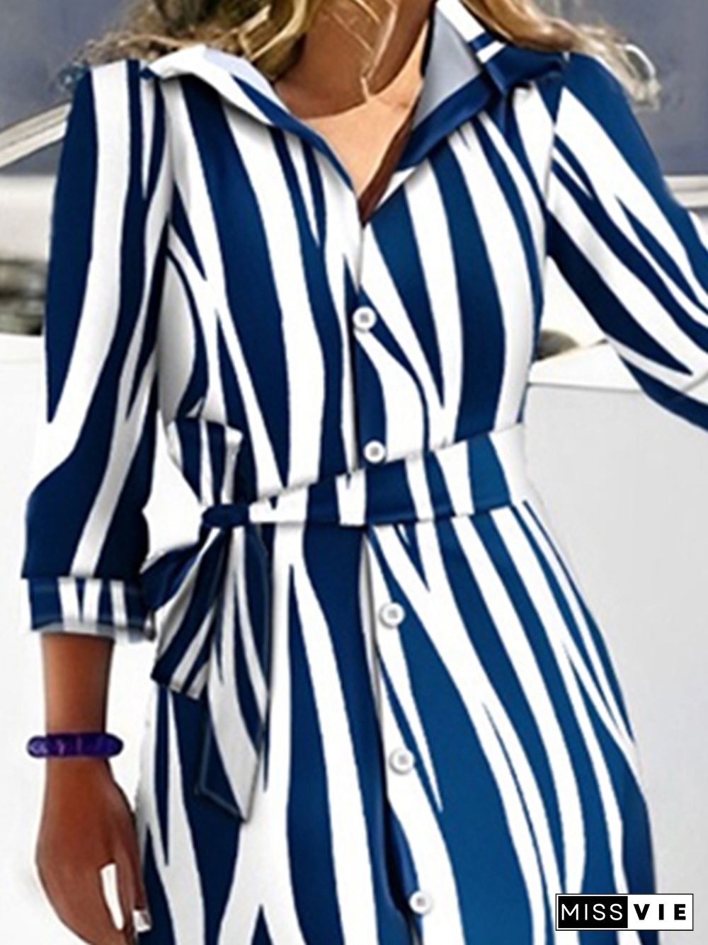 High Waisted Long Sleeves Buttoned Tied Waist Zebra Printed V-Neck Maxi Dresses Shirt Dress