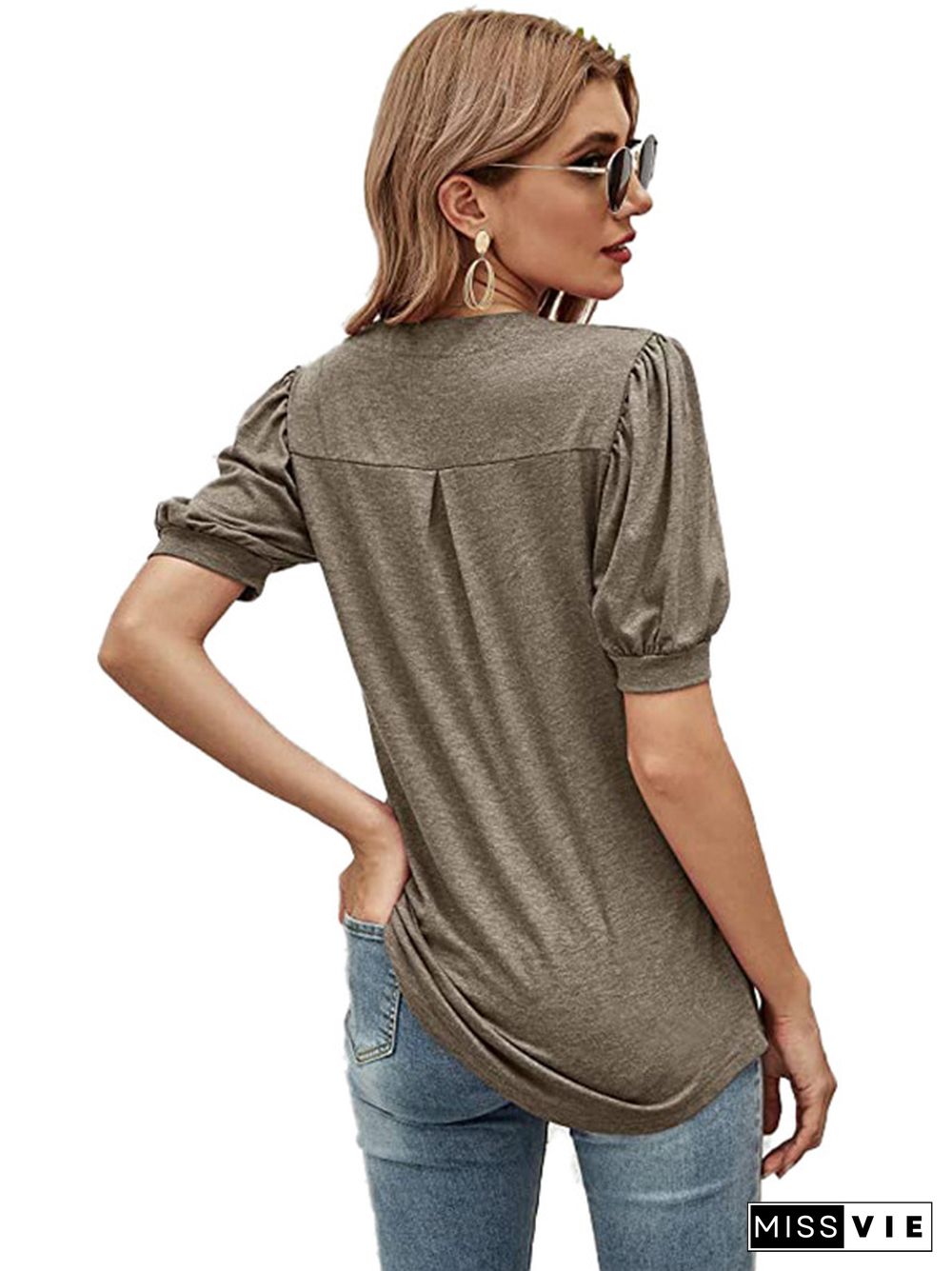 Simple Solid Color V-Neck Puff Sleeves T-Shirt Top