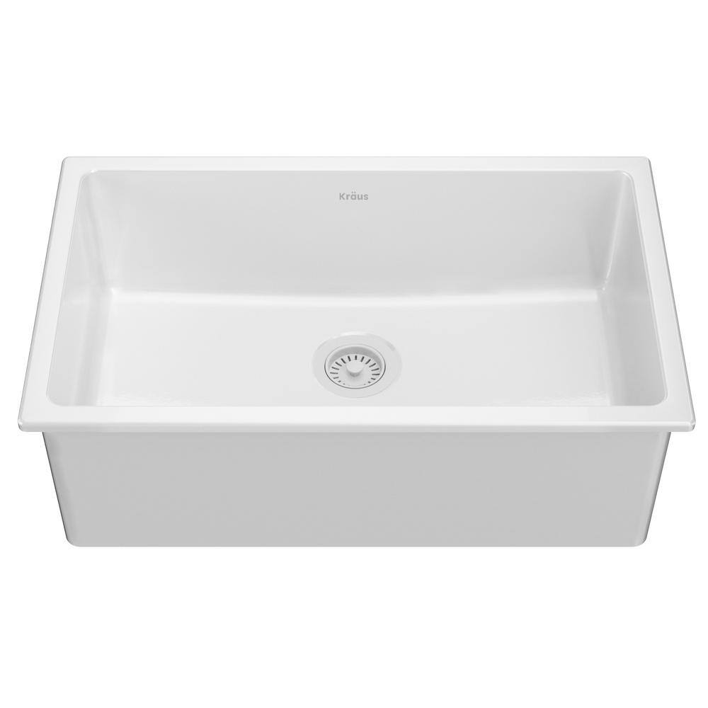 KRAUS Turino White Fireclay 29.88 in. Single Bowl Drop-InUndermount Kitchen Sink KFD1-30GWH