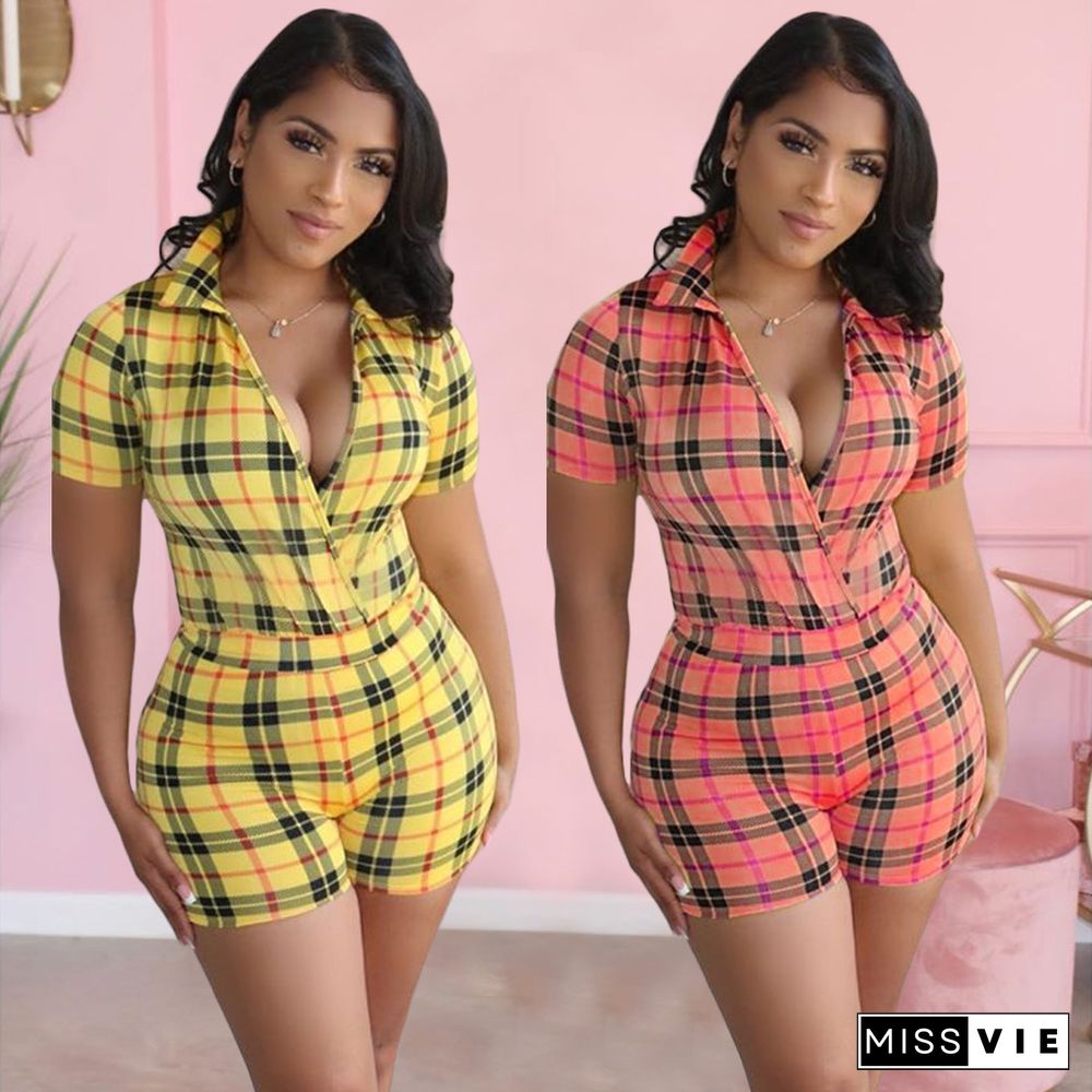 Sexy Check Print V-Neck Short Sleeve Mid-Waist Romper