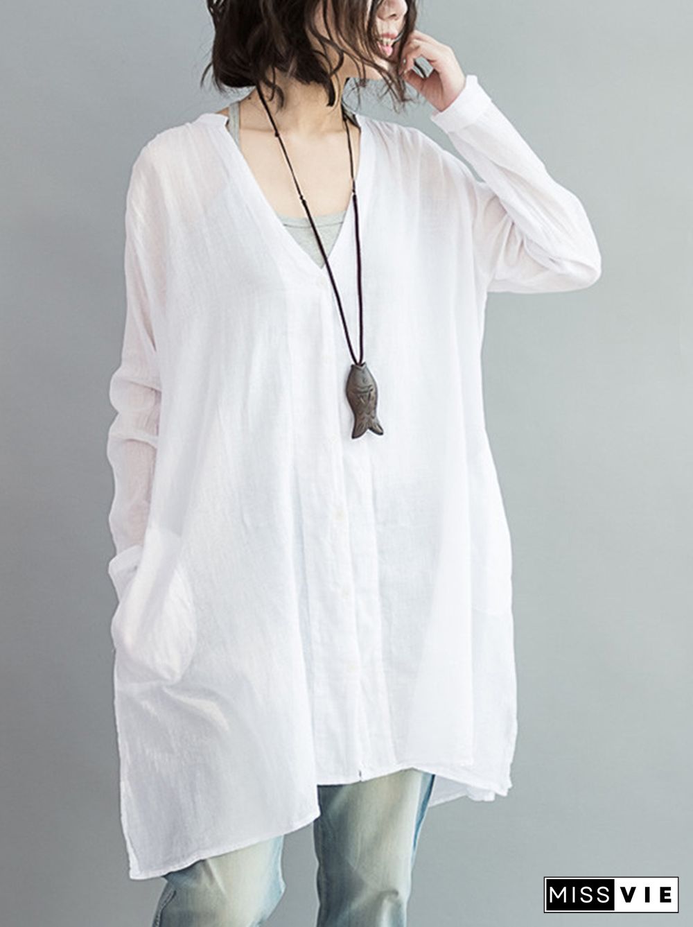 Original Solid Sun-Protection V-Neck Blouse Tops