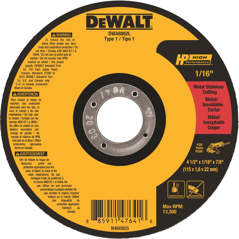 DW 4-1/2 x 1/16 x 7/8 T1 HP Cut Off Wheel DWA8062L from DW