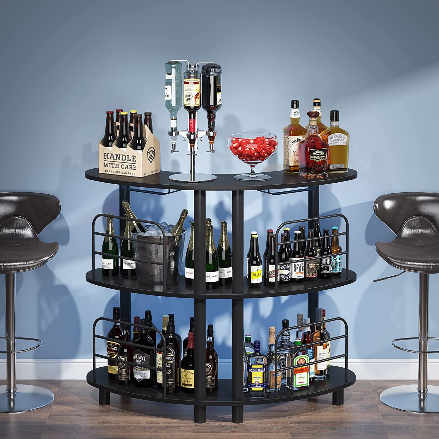 Tribesigns 3 Tier Liquor Bar Cabinet， Kitchen Wine Bar Storage with Shelves and Glasses Holder， Black