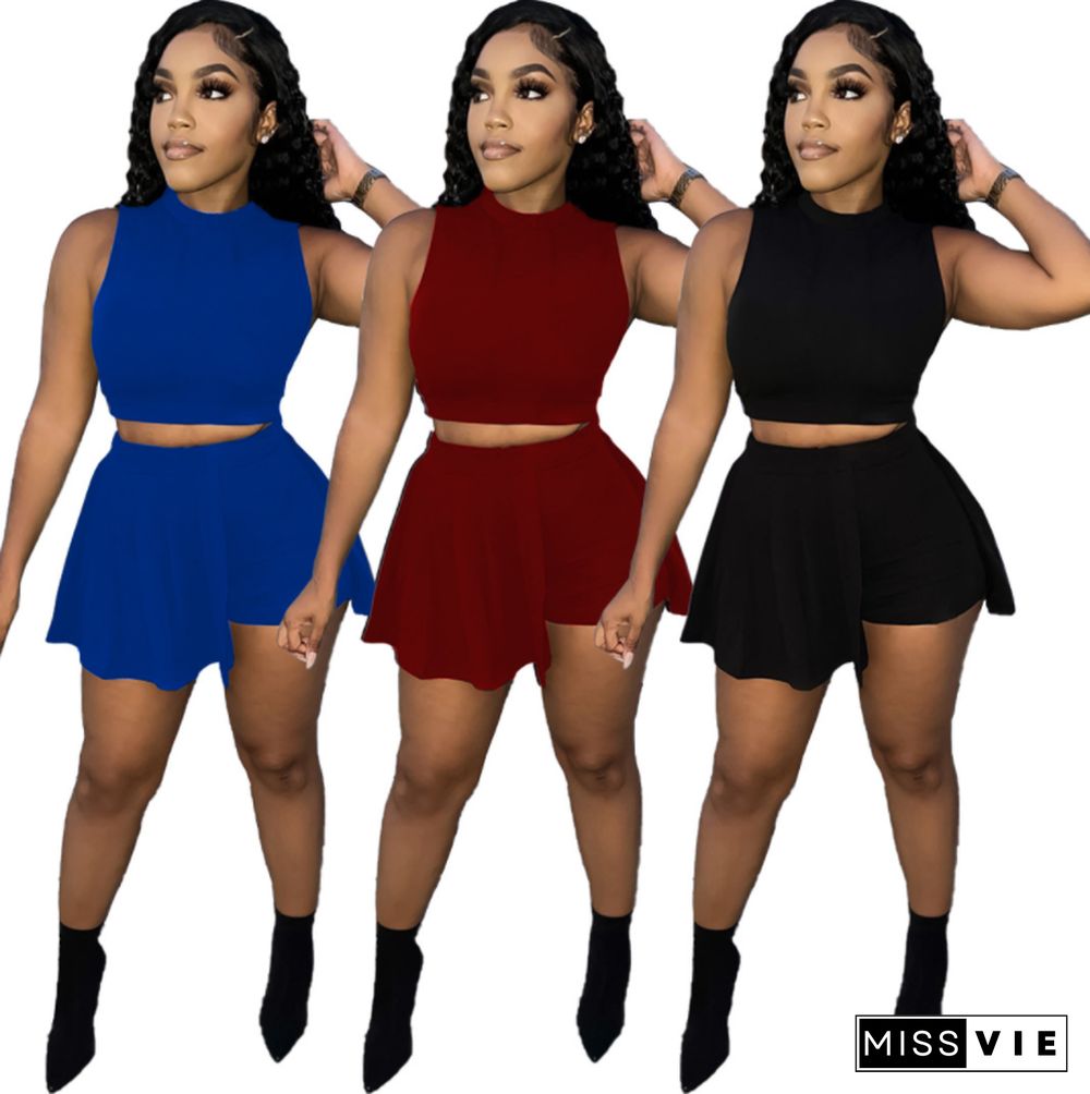 Sexy Solid Color O Neck Sleeveless Crop Top Irregular Patchwork Bodycon Shorts Club Outdoor Two Piece Set