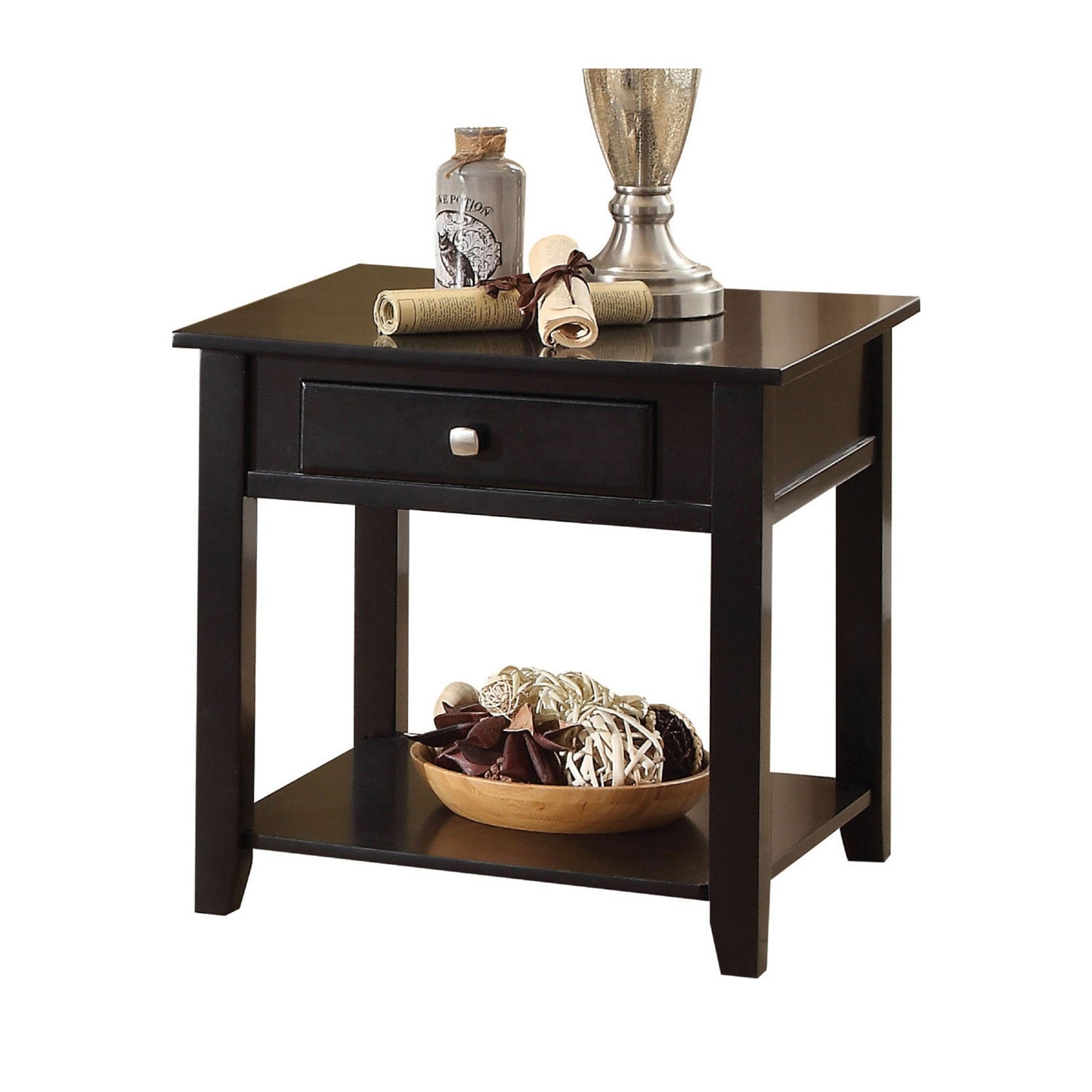 Wooden End Table with Bottom Shelf in Black