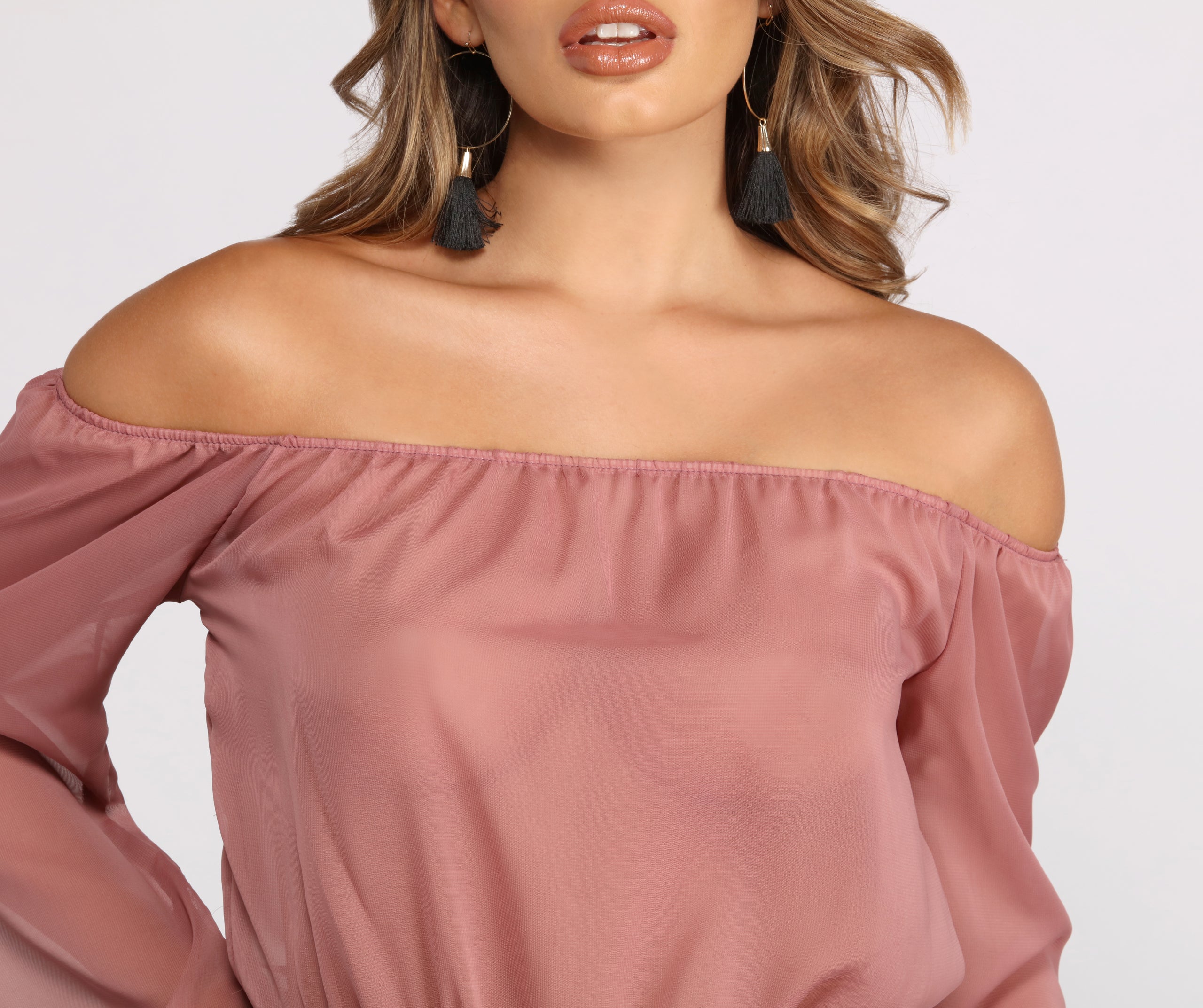 Off The Shoulder Long Sleeve Chiffon Bodysuit