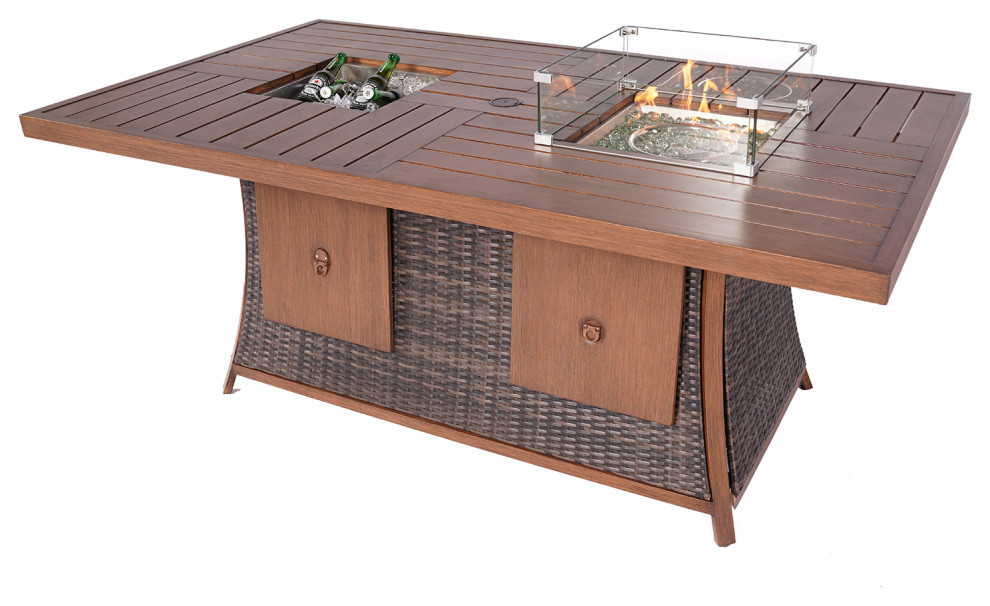 Brown Wicker Outdoor Gas Fire Pit Table With Ice Bucket   Tropical   Outdoor Dining Tables   by HomeRoots  Houzz