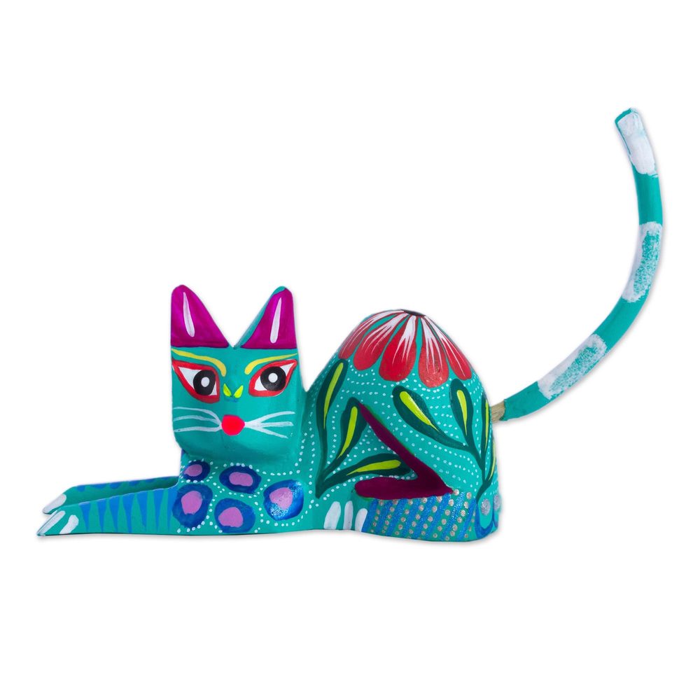 NOVICA Handmade Excited Cat In Teal Wood Sculpture (Mexico)   3.9\