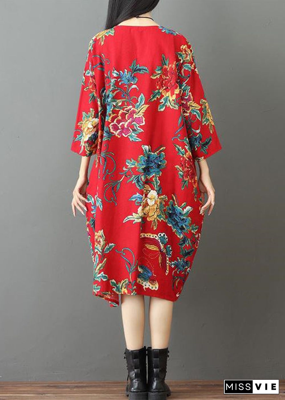 fine red prints Midi-length linen dress trendy plus size holiday o neck linen cotton dress