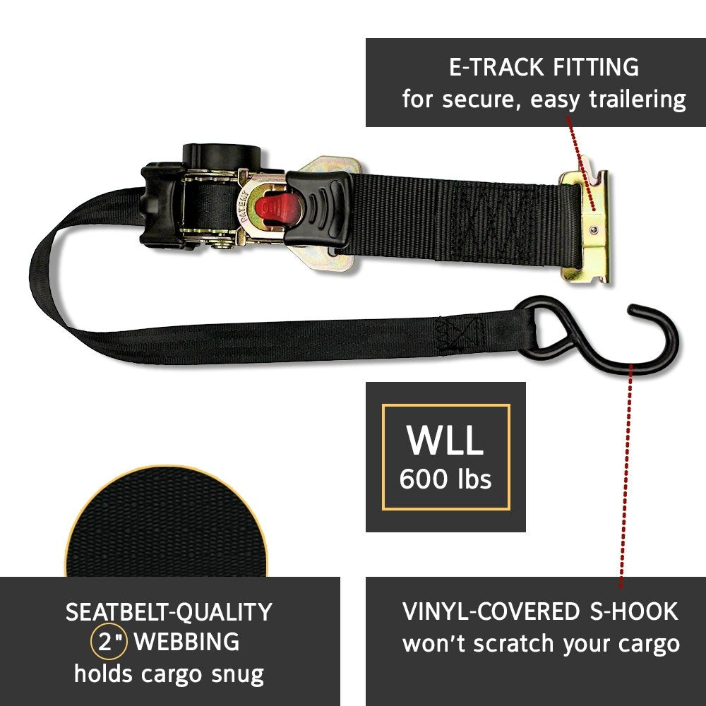 "DC Cargo Mall 2 Quick n Easy AutoRetract Strap Cargo Tie Downs - Retractable 1"" x 6' Bolt-on or E-Track Fitting Ratchet Straps w/S Hook for Trailers & Pickups"