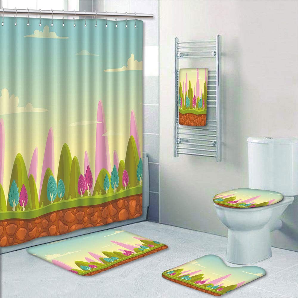 PRTAU Forest Fantasy Cartoon Landscape for Kids Toddlers Colorful Trees Country Panorama 5 Piece Bathroom Set Shower Curtain Bath Towel Bath Rug Contour Mat and Toilet Lid Cover