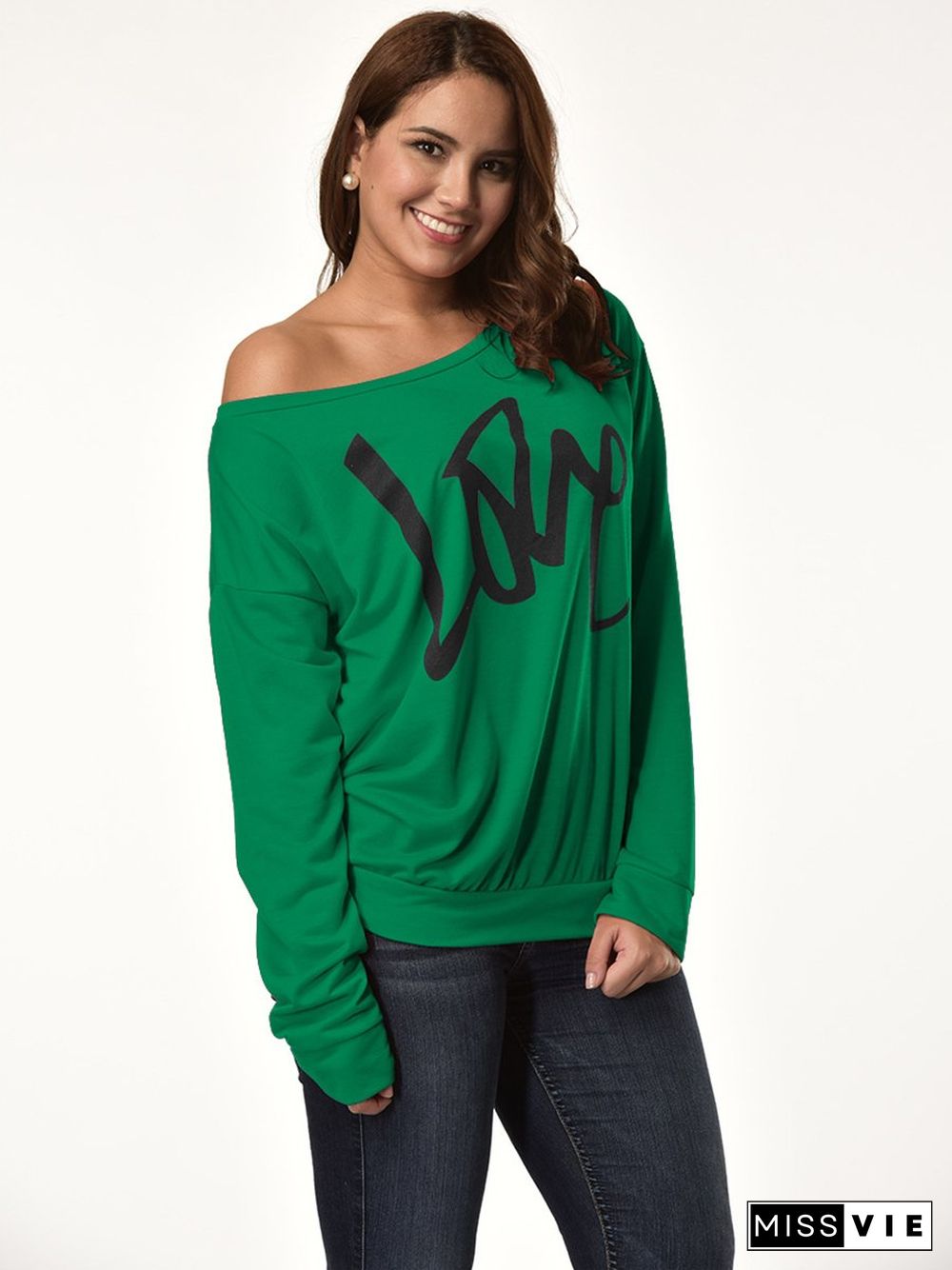 Letter Printed Love One Shoulder Sweatshirt