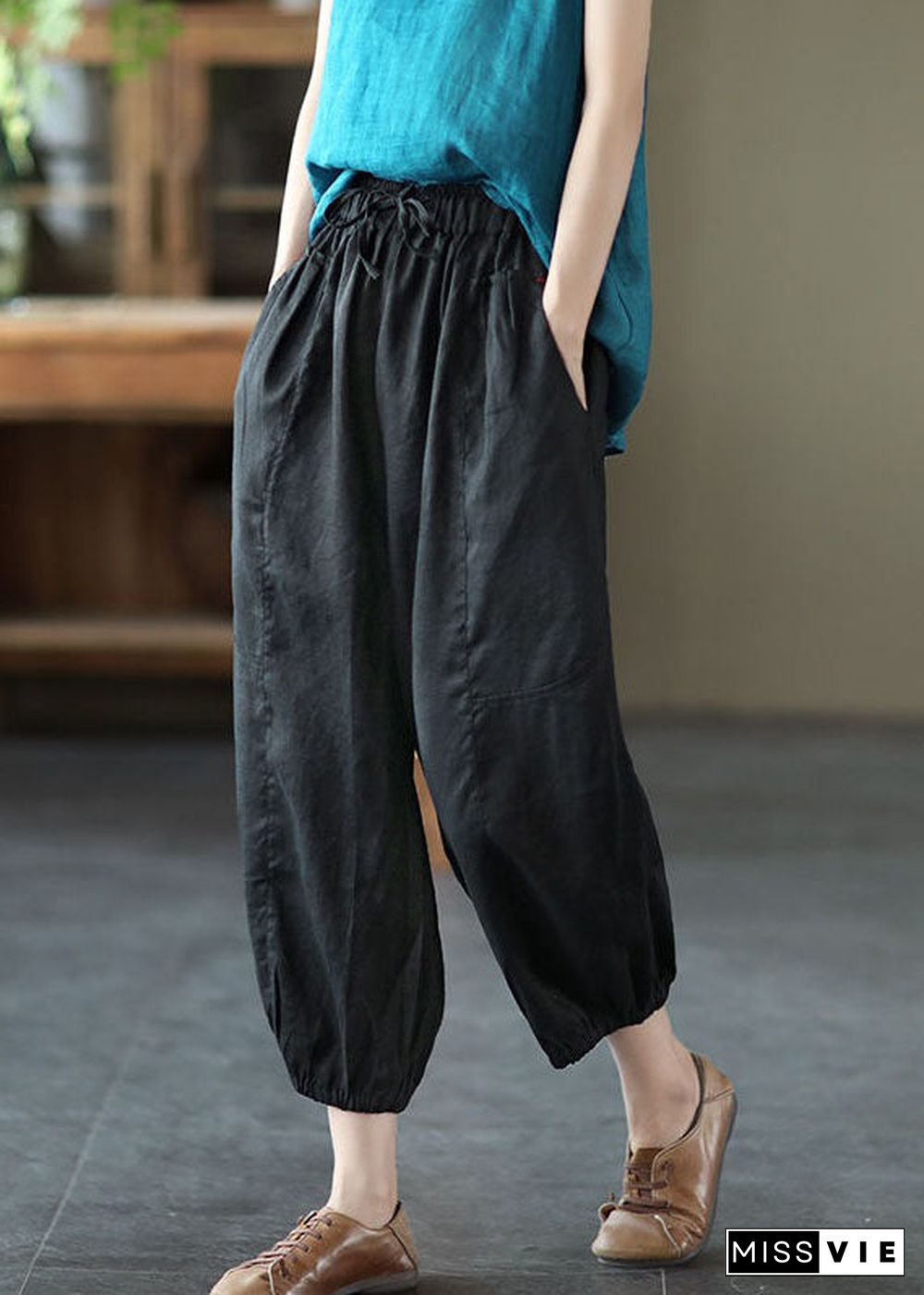 Classy Black Pockets Patchwork Linen Harem Pants Summer