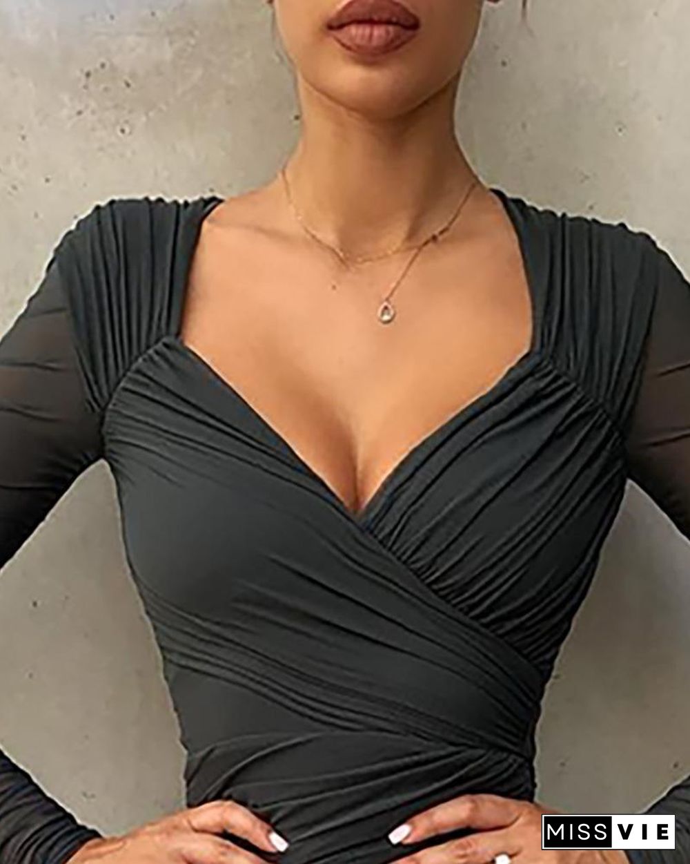 Surplice Wrap Ruched Bodycon Dress Black Dresses