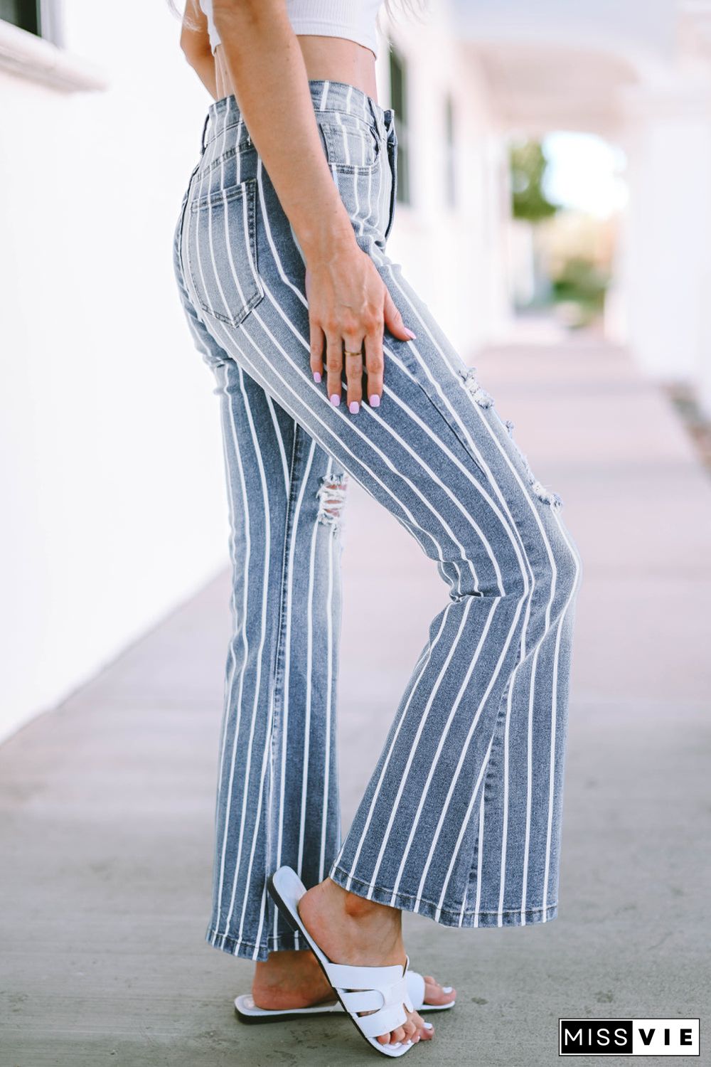 Sky Blue Vertical Striped Ripped Flare Jeans