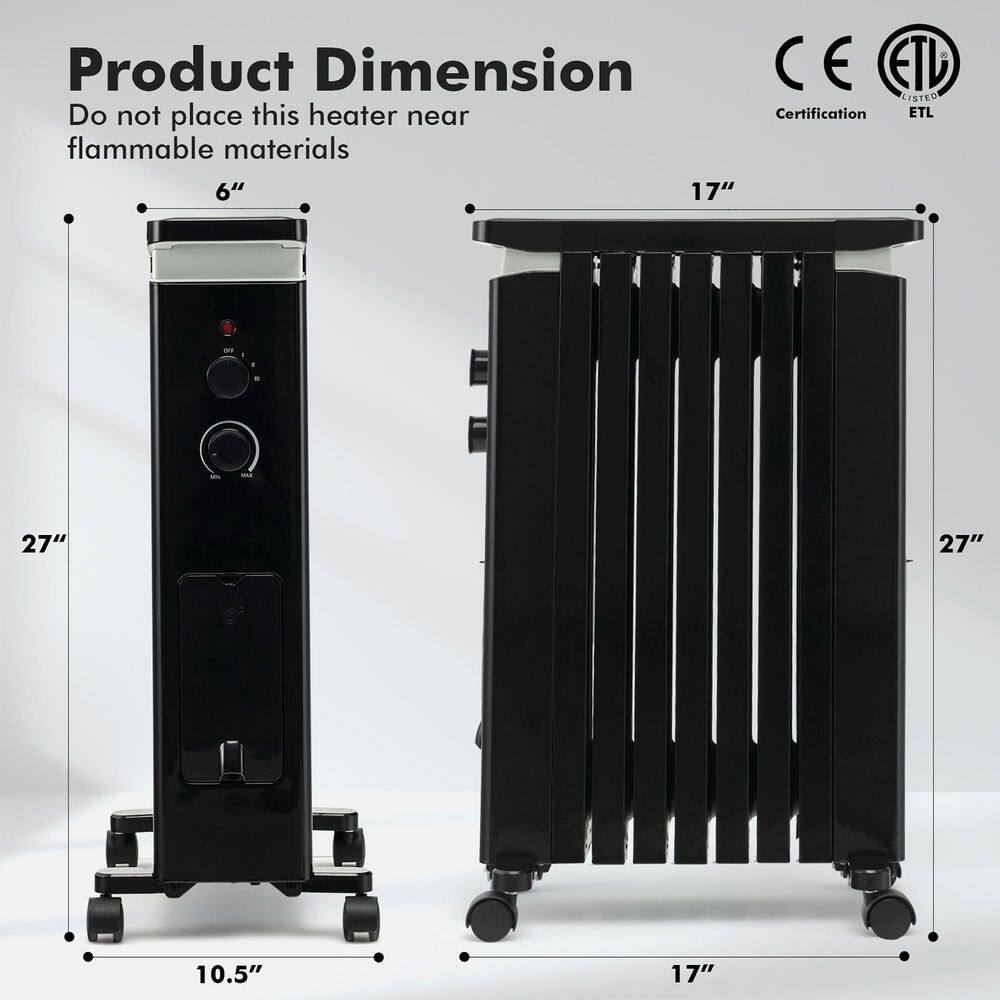 Costway 1500-Watt Black Electric Oil Filled Radiator Heater Space Heater with Heat Settings ES10202US-BK