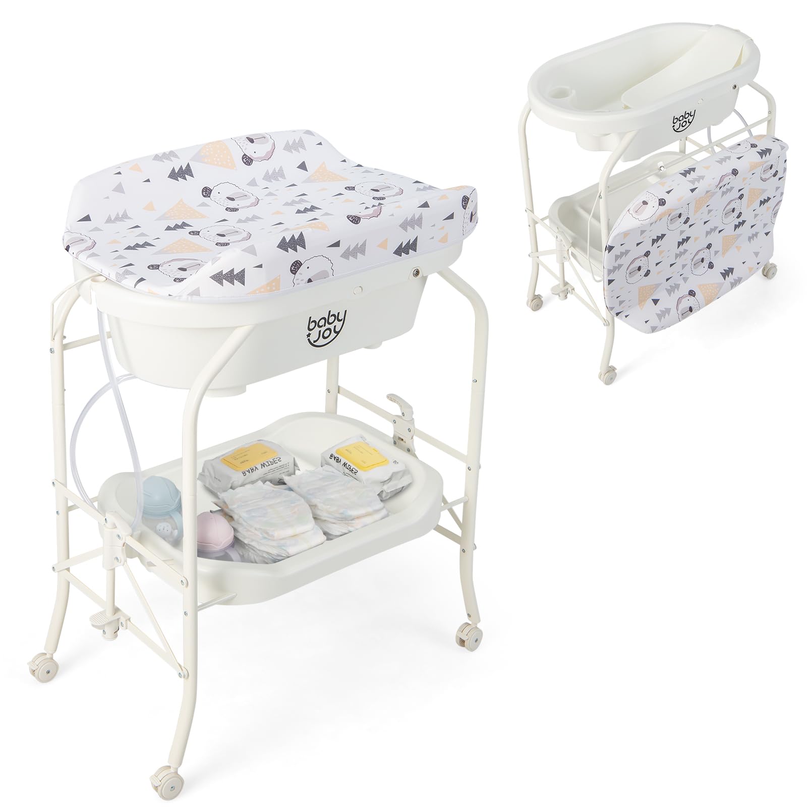 BABY JOY Baby Bathtub with Changing Table, Foldable Infant Diaper Changing Station with Storage Tray