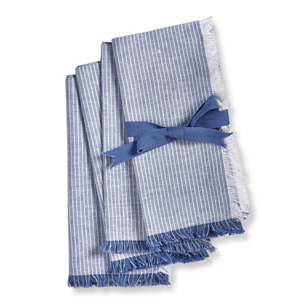 Tag Cottage Blue Pinstripe With Fringe Cotton Machine Washable Napkin Set Of 4