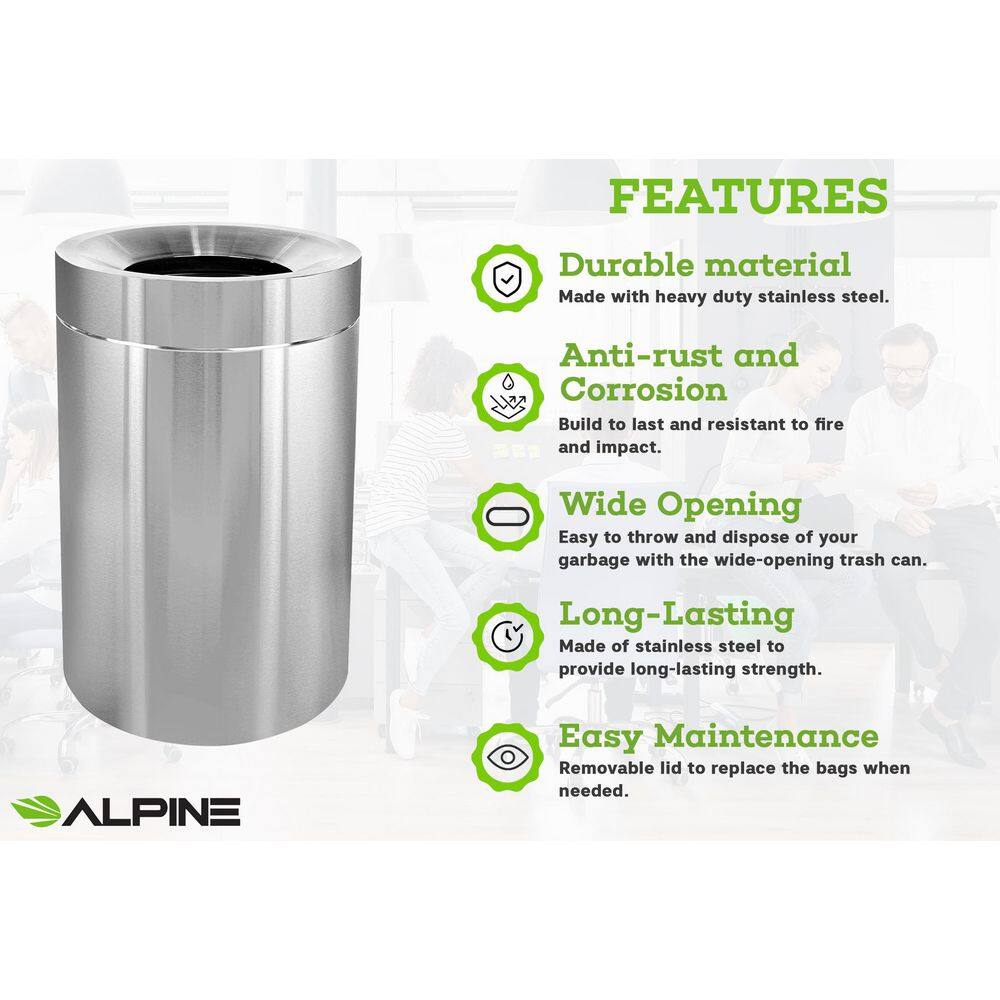 Alpine Industries 50 Gal. Stainless Steel Open Top Commercial Indoor Trash Can (2-Pack) 475-50-2PK