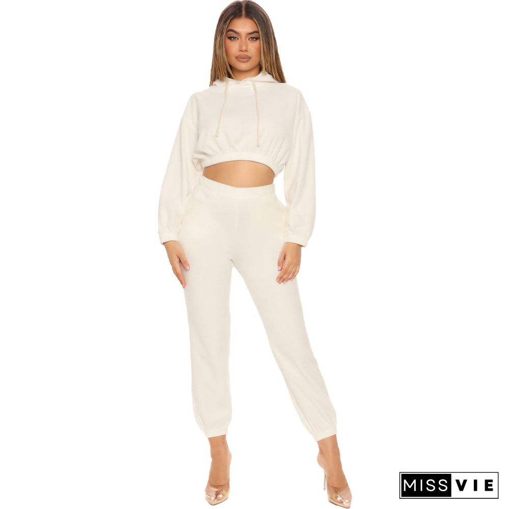 Velvet Hooded Crop Top Full Pants Two Piece Set