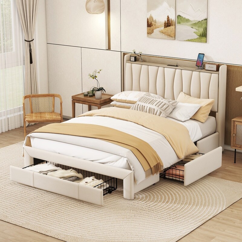 Queen Size Beige Upholstered Platform Bed with Storage Headboard Charging Station and 3 Drawers