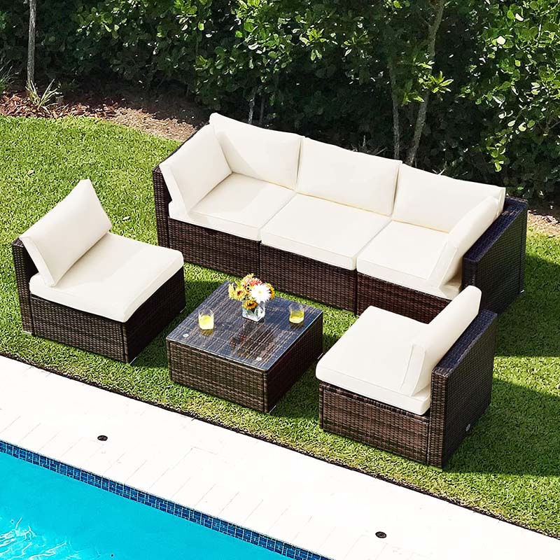 6 Pcs Rattan Patio Sectional Sofa Set Outdoor Conversation Furniture Set with Cushions & Glass Coffee Table