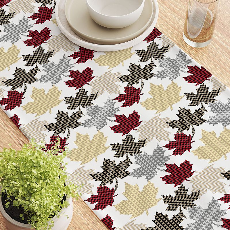 Table Runner， 100% Cotton， 16x108， Houndstooth Maple Leaves