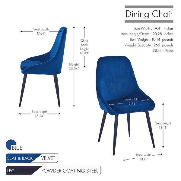 Porthos Home Fern Dining Chairs Set of 2， Velvet Upholstery， Steel Legs