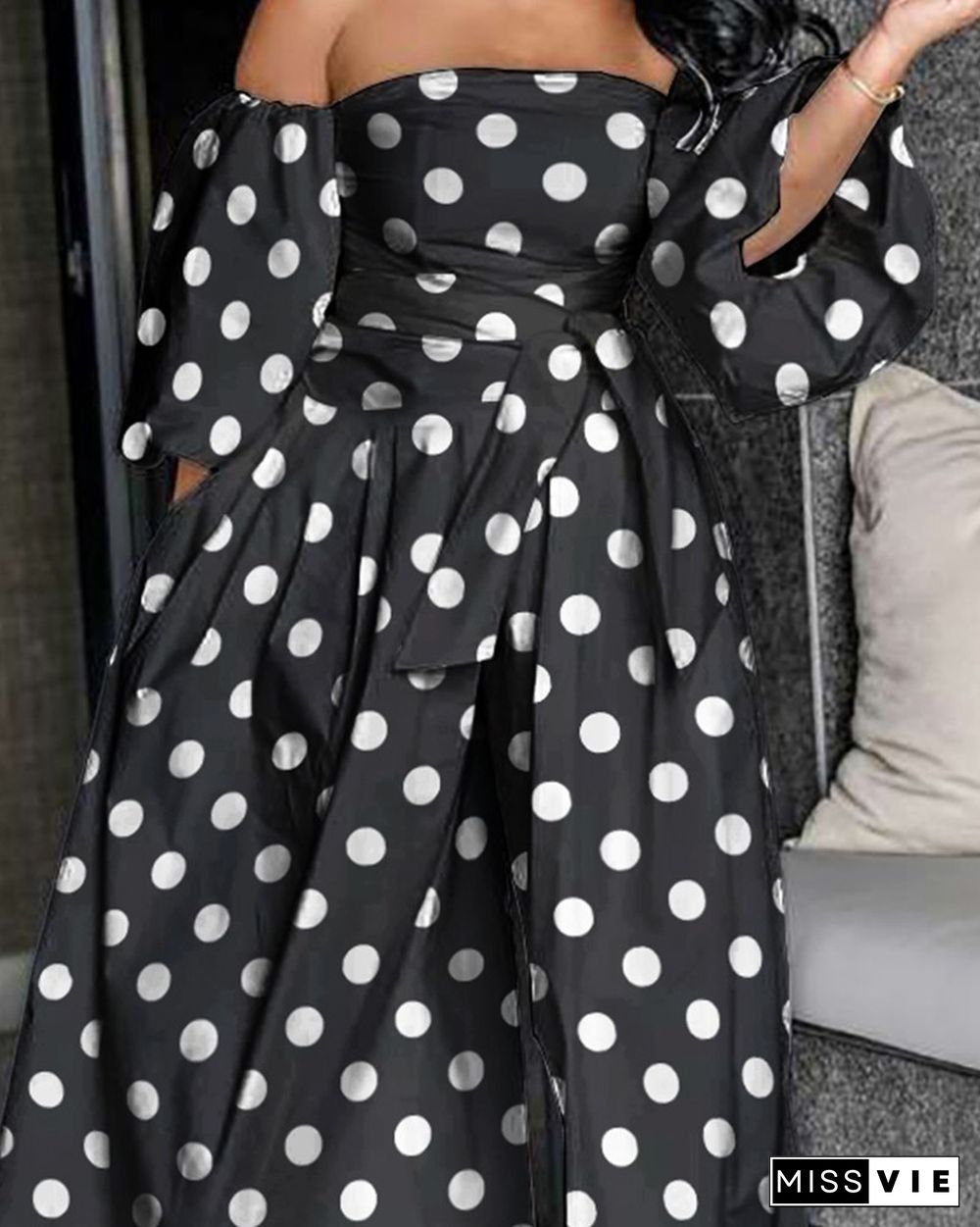 Off Shoulder Polka Dot Lantern Sleeve Wide Leg Jumpsuit