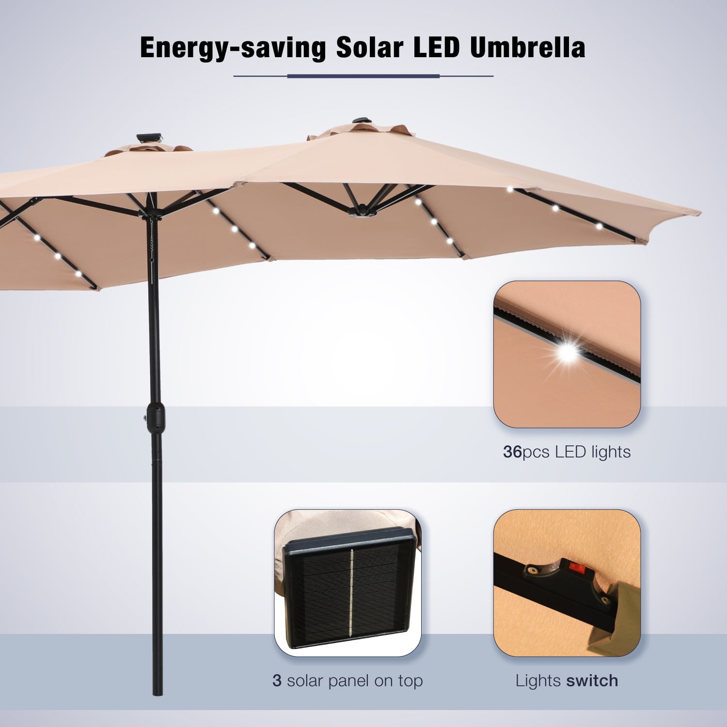 MF Studio 15ft Double-Sided Solar Patio Umbrella with Base Large Outdoor Table Umbrella with Crank Handle and 36 pcs LED lights, Beige