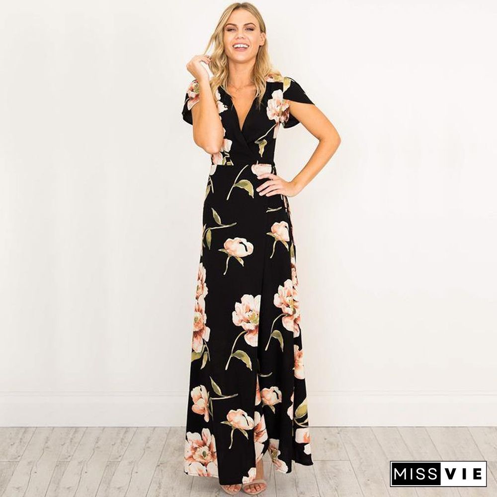 Women Retro Black Dresses V-Neck Maxi Dress Floral Printed Party Dress Mother Of Bride Dresses Female Vestidos WS647C