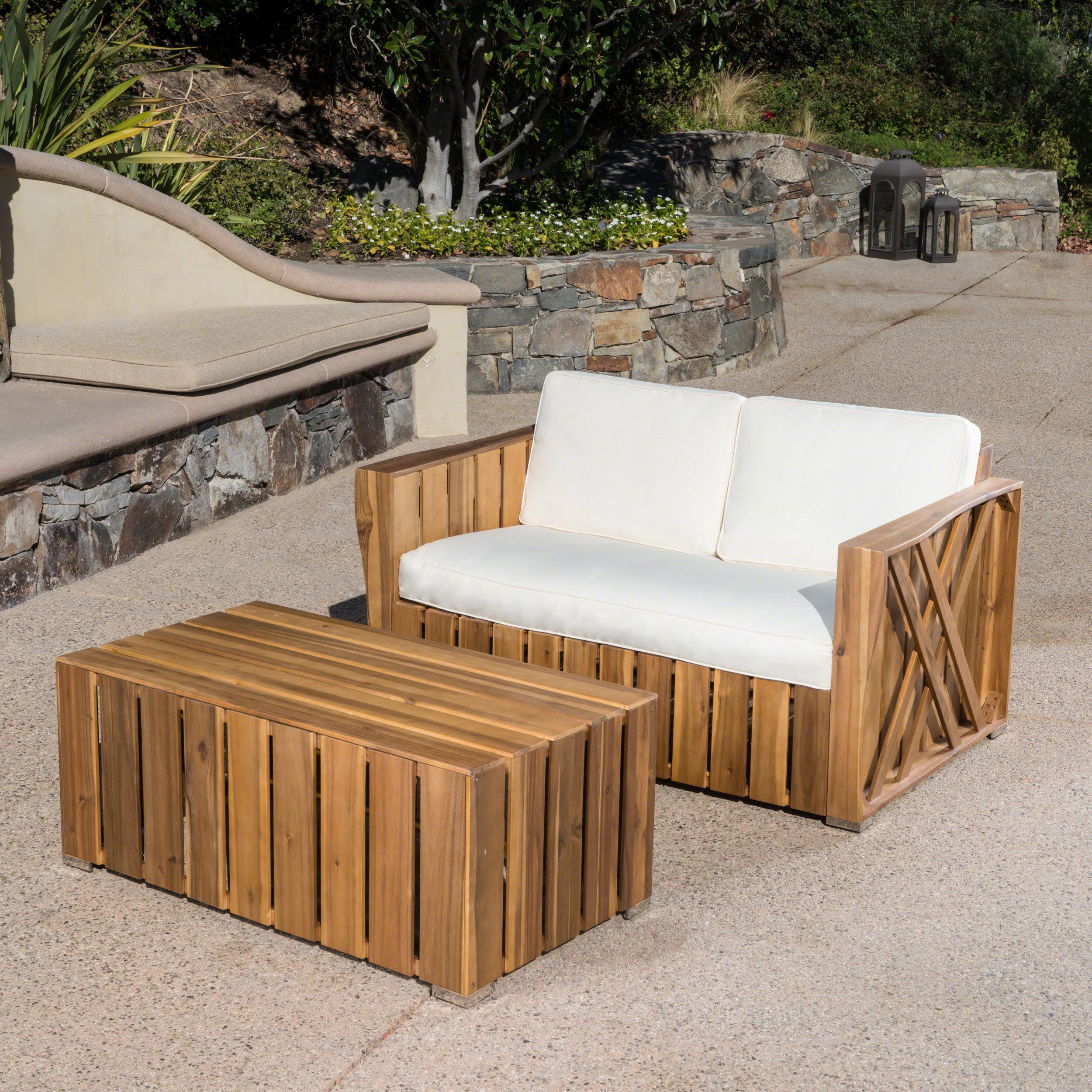 Edward Outdoor Acacia Wood Loveseat and Coffee Table Set with Cushions