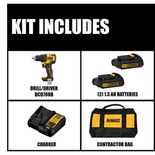 DW ATOMIC 20V MAX Cordless Brushless 12 in. DrillDriver 14 in. Impact Driver (2) 20V 1.3Ah Batteries and Charger DCD708C2W809