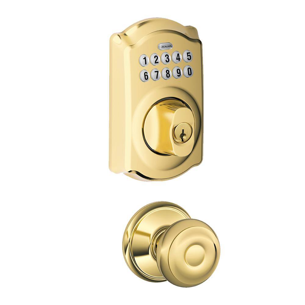 Schlage Camelot Keypad Electronic Door Lock Deadbolt and Georgian Knob in Bright Brass BE365 CAM F10 GEO 605