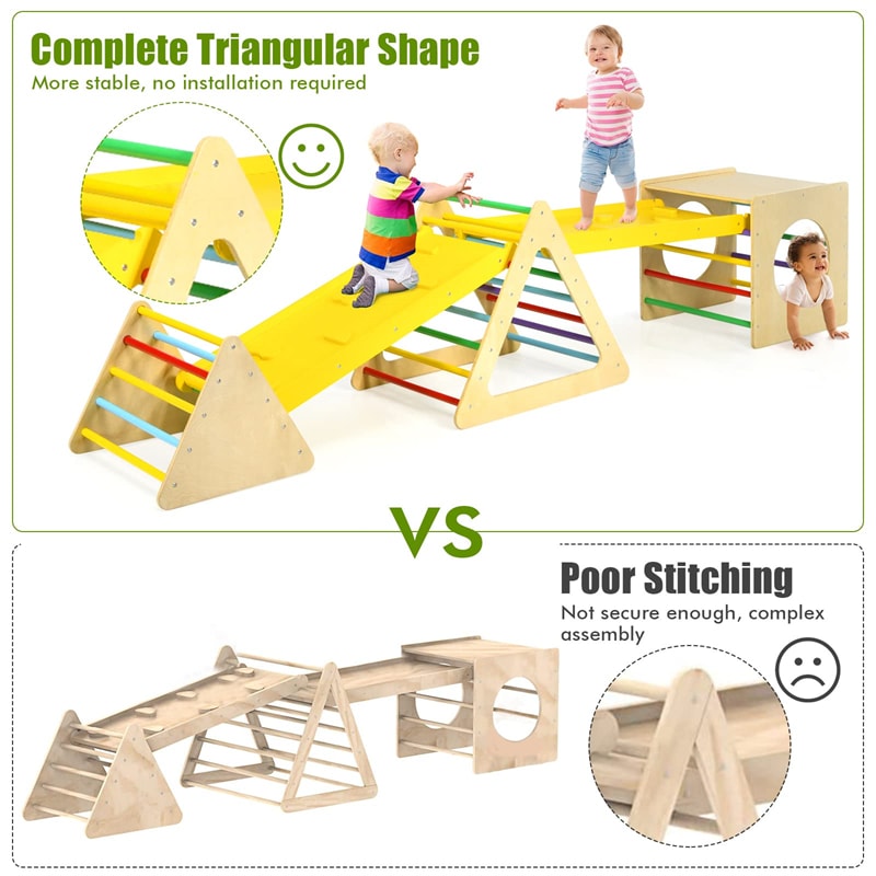 5-in-1 Kids Triangle Climber Wooden Climbing Toys Toddler Montessori Play Gym Set Playground Climbing Ladder with 2 Ramp