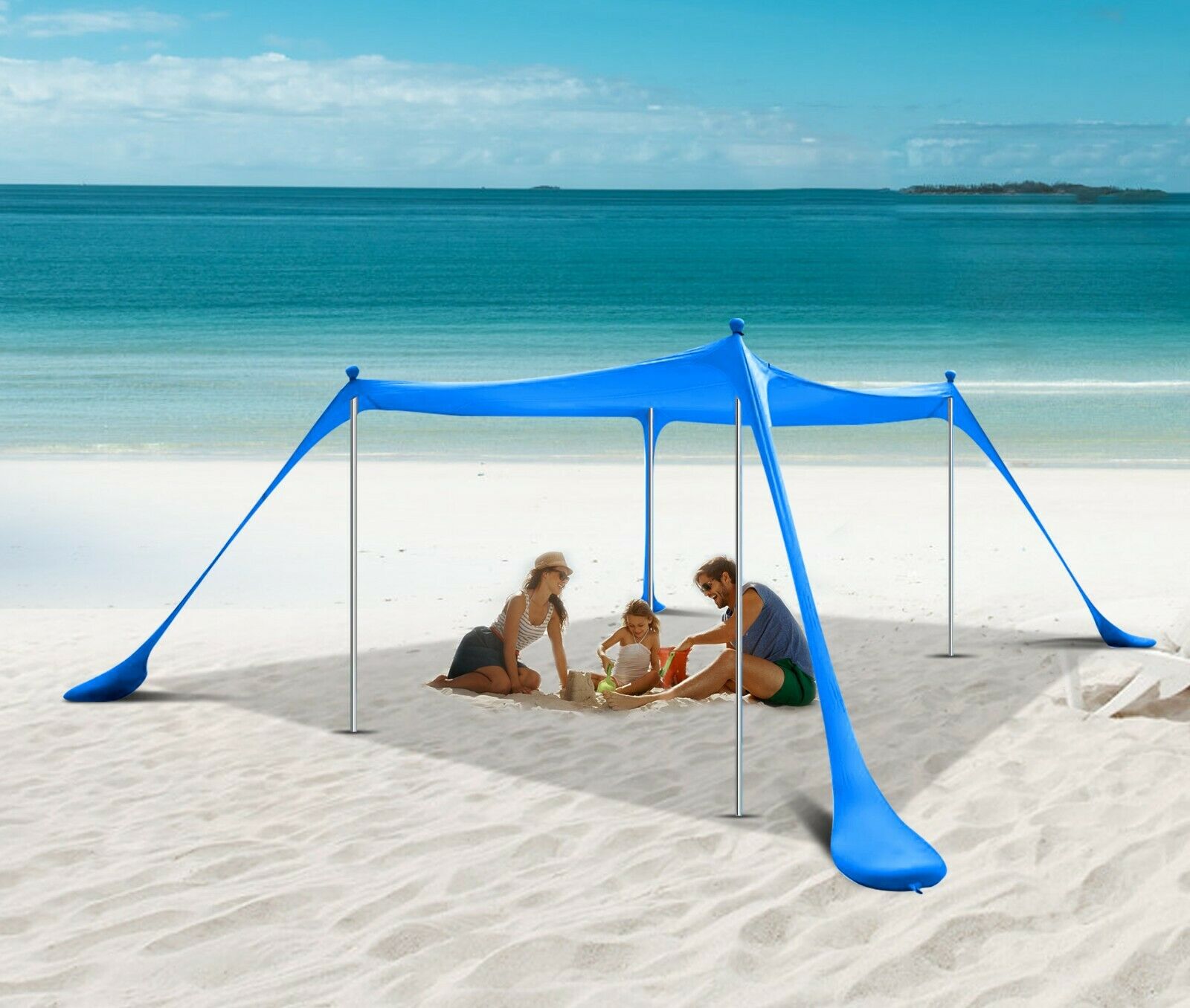 Nice C Beach Tent Canopy， Sun Shelter， Pop Up Sunshade Portable 6.6Ft/10Ft UPF 50+ with Carry Bag， Sand Shovel， Aluminum Poles Umbrella Outdoor， Pool， Garden (6.7x6.7 FT， 4 Pole， Blue)