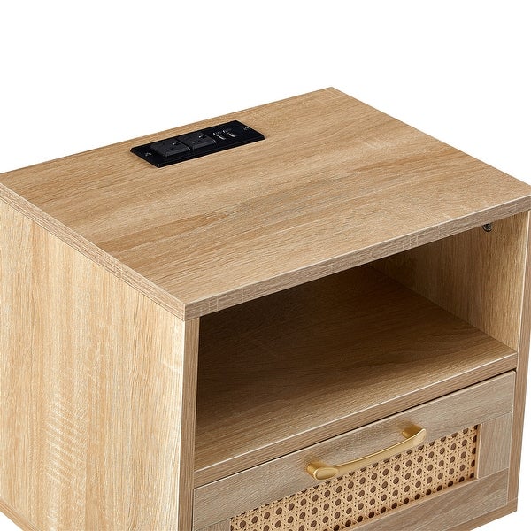 Nightstand Rattan End Table With Outlet USB Ports And drawer - - 37454457