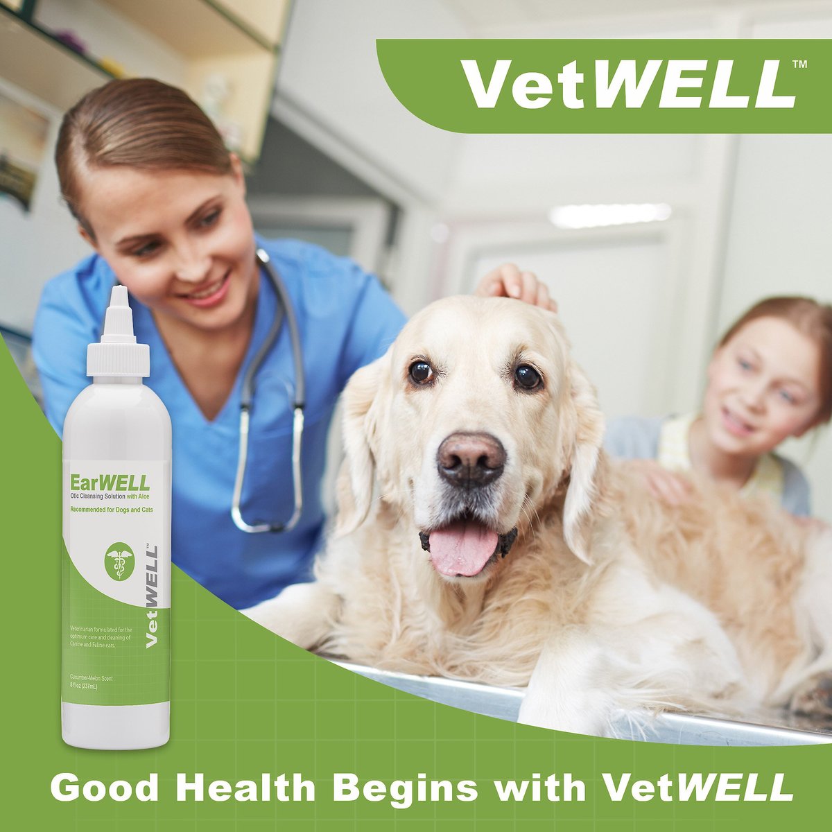 VetWELL EarWELL Otic Cleansing Solution with Aloe Cucumber Melon Scent Dog and Cat Ear Solution