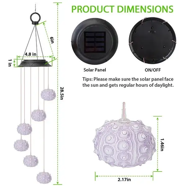 Solar Wind Chime Lights Sea Urchins Decor Lamp 7 Color Changing